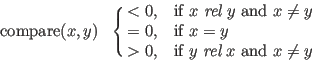 \begin{displaymath}
\mathrm{compare}(x,y)\ \
\cases{ < 0, &if $x$\ {\it rel} $y...
... &if $x = y$\cr
> 0, &if $y$\ {\it rel} $x$\ and $x \ne y$}
\end{displaymath}